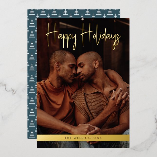 Happy Holidays Teal Modern Calligraphy Christmas Foil Holiday Card (Front/Back)