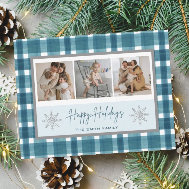 Happy Holidays Teal Plaid Silver Snowflakes Photo Holiday Card (Creator Uploaded)