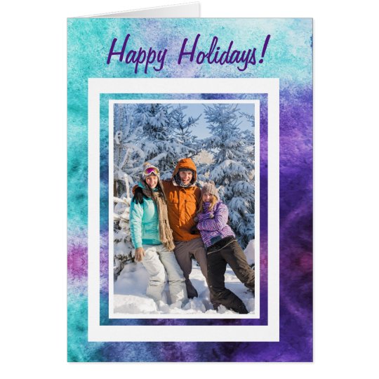 Happy Holidays! Teal & Purple Custom Text 3 Photos Card