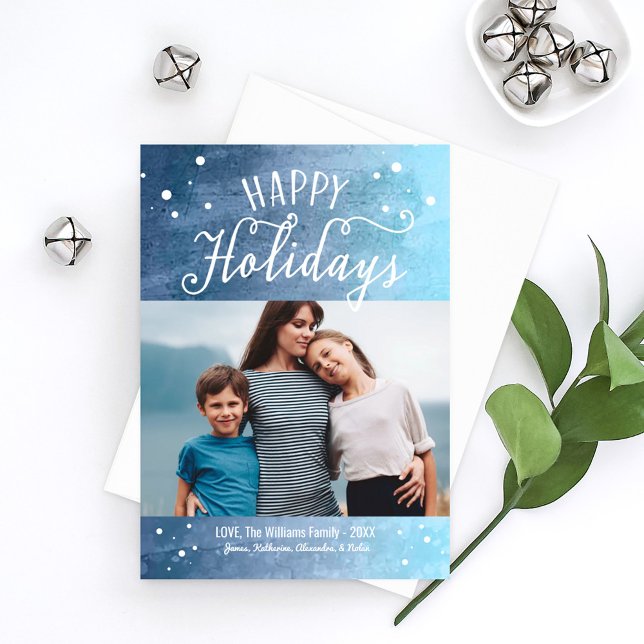 Happy Holidays Teal Snow Photo Holiday Card (Creator Uploaded)