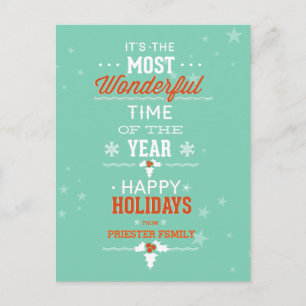 Happy Holidays Teal White & Orange Text Design Holiday Postcard