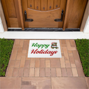 Happy Holidays Teddy Bear Christmas script Doormat