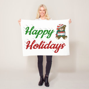 Happy Holidays Teddy Bear Christmas script Fleece Blanket