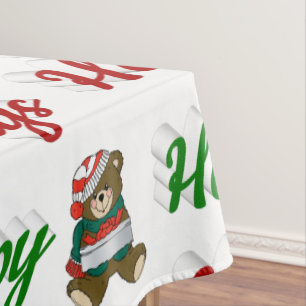 Happy Holidays Teddy Bear Christmas script Tablecloth