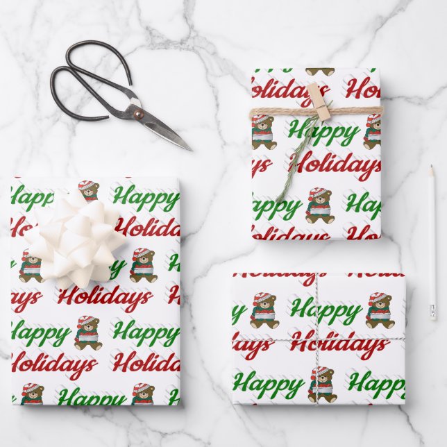 Happy Holidays Teddy Bear Christmas script Wrapping Paper Sheet (Front)