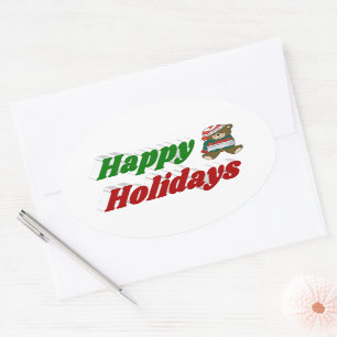 Happy Holidays Teddy Bear Christmas typography Oval Sticker