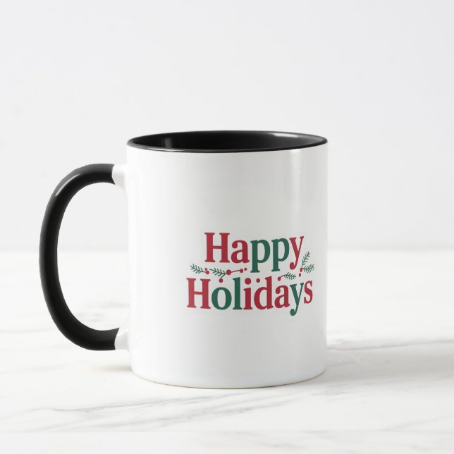Happy Holidays Text Font with Pine Branches  Mug (Left)