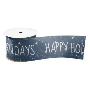HAPPY HOLIDAYS Text With Stars Satin Ribbon