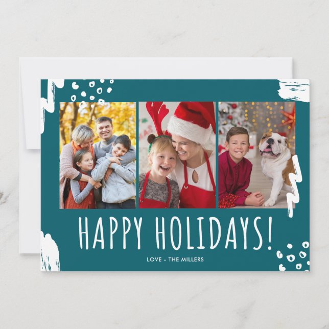 Happy Holidays Three Photo Family Christmas Holiday Card (Front)