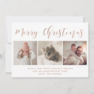 Happy Holidays Three Photo Rose Gold Calligraphy Holiday Card