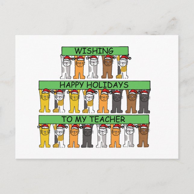 Happy Holidays to Teacher Cartoon Cats Holiday Postcard (Front)