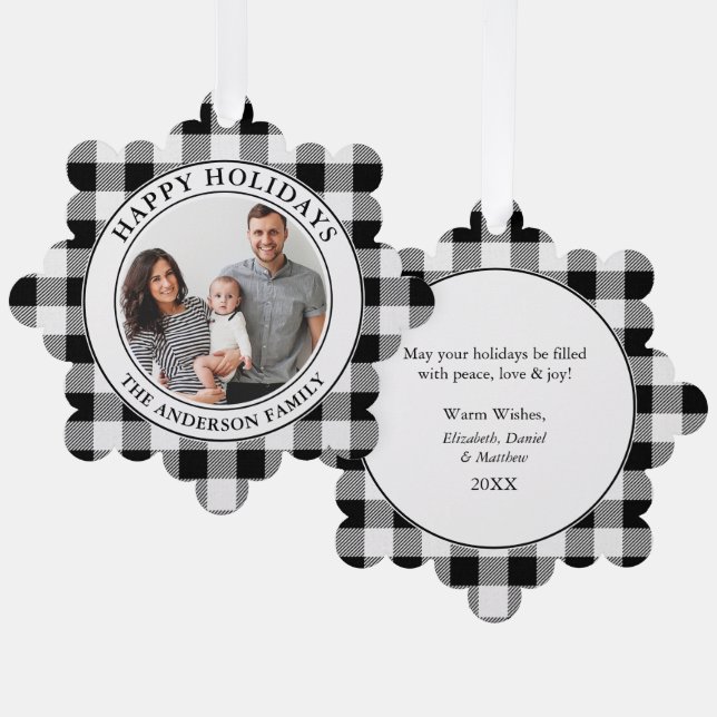 Happy Holidays Trendy Black and White Plaid Tree Decoration Card (Front/Back)