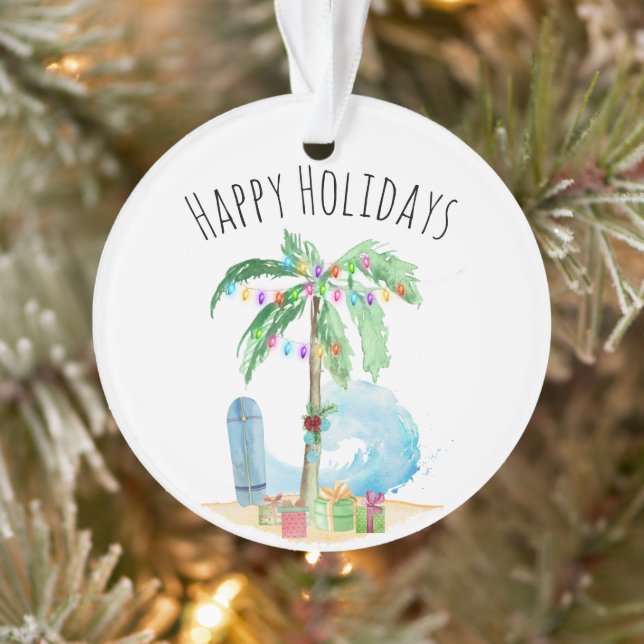 Happy Holidays Tropical Christmas Palm Tree Beach Ornament (Tree)