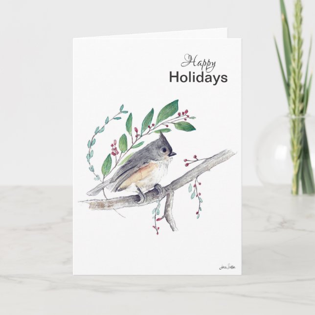 Happy Holidays Tufted Titmouse Bird Card (Front)