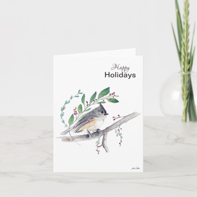 Happy Holidays Tufted Titmouse Bird Card (Front)