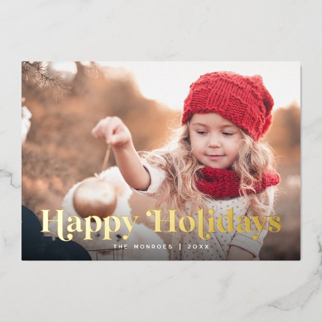 Happy Holidays Two Photo Gold Foil Holiday Card (Front)