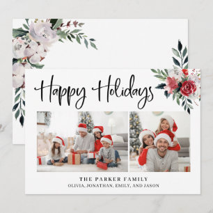 Happy Holidays Two Photos and Watercolor Floral Holiday Card