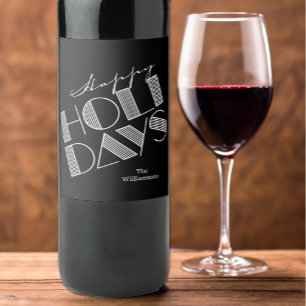 Happy Holidays Typography Black Wine Label