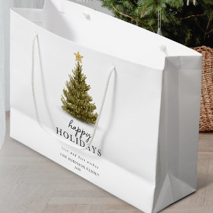 Happy Holidays Typography Christmas Pine Tree Large Gift Bag