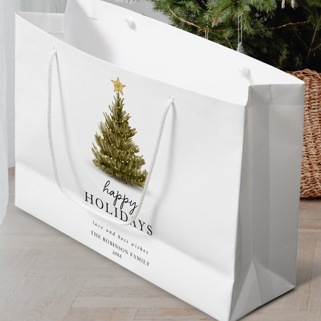 Happy Holidays Typography Christmas Pine Tree Large Gift Bag (Creator Uploaded)