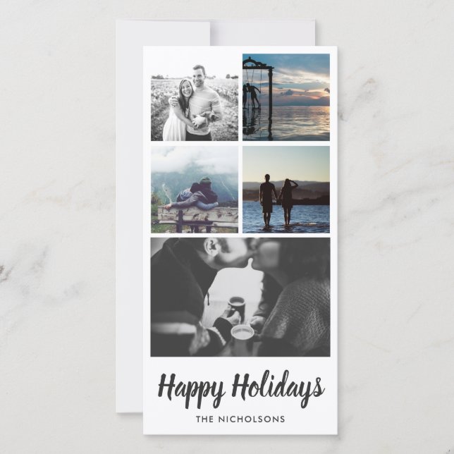 Happy Holidays Typography Five Photo Collage Holiday Card (Front)