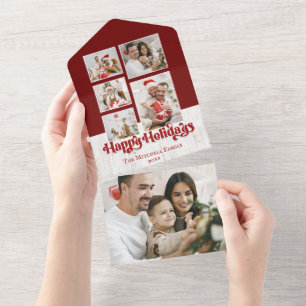 Happy Holidays Typography on Rustic Wood 5-Photo All In One Invitation