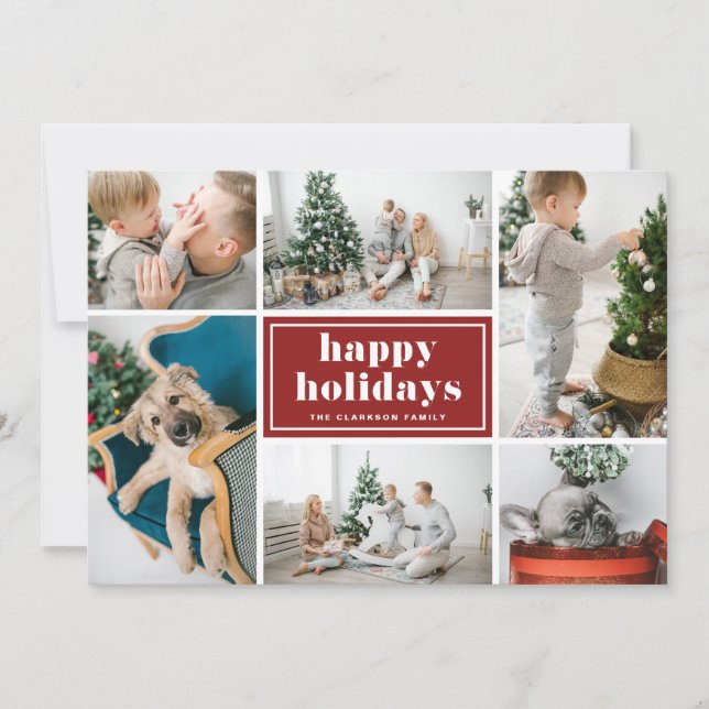 Happy Holidays Typography Red Photo Collage Holiday Card (Front)