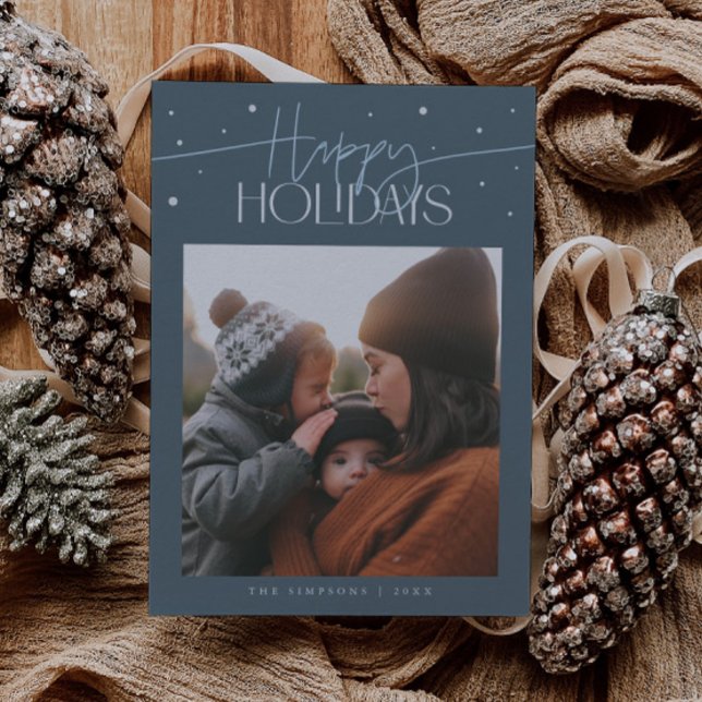 Happy Holidays Typography Slate Blue Photo Holiday Card (Creator Uploaded)