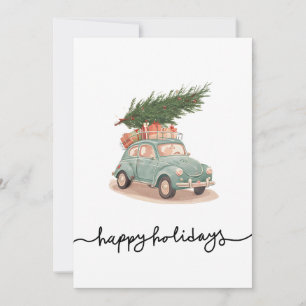 Happy Holidays Vintage Car Cute Cartoon Style Holiday Card