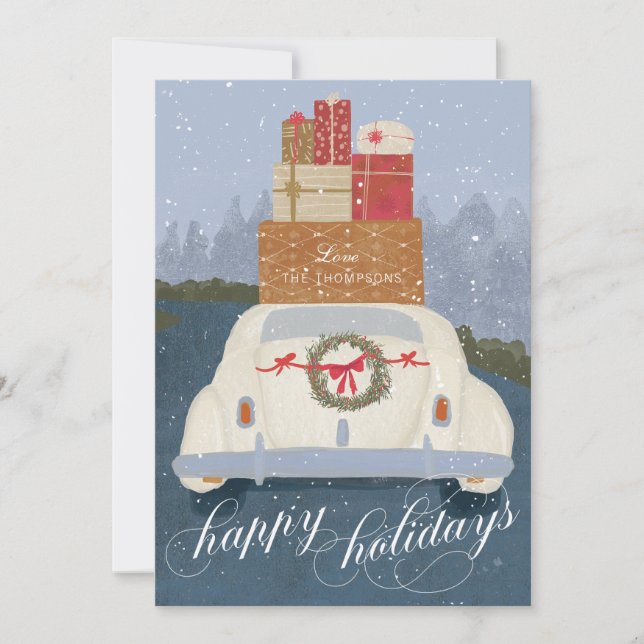 Happy Holidays Vintage Car with Gifts Holiday Card (Front)