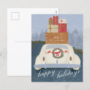 Happy Holidays Vintage Car with Gifts Postcard