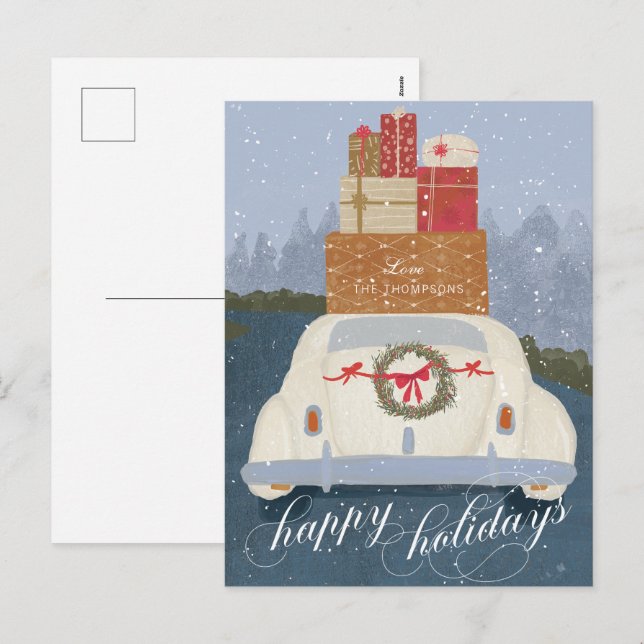 Happy Holidays Vintage Car with Gifts Postcard (Front/Back)
