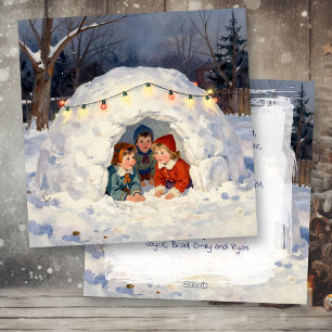 Happy Holidays   Vintage Children in Snow Fort Holiday Card
