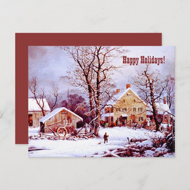 Happy Holidays. Vintage Farm Winter Scene Card (Front/Back)