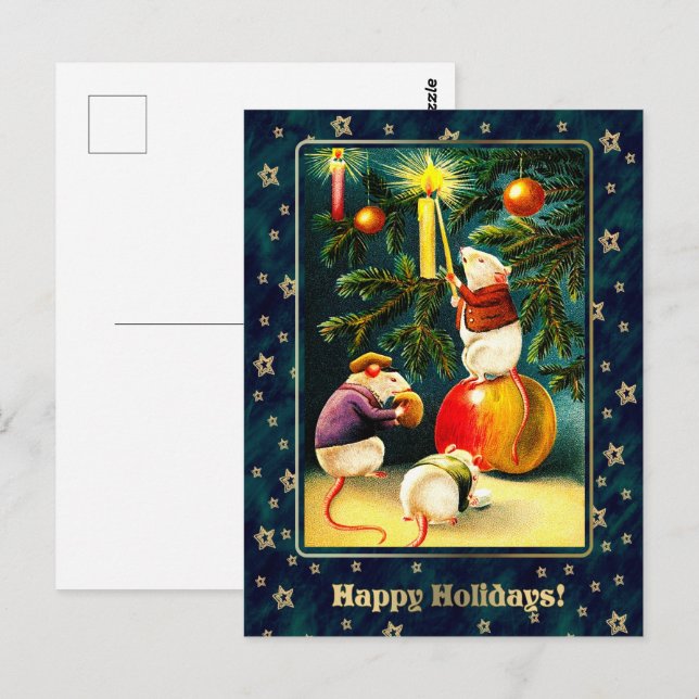 Happy Holidays. Vintage Funny Mice Christmas Postcard (Front/Back)