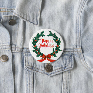 Happy Holidays Vintage Holly Christmas Wreath 7.5 Cm Round Badge