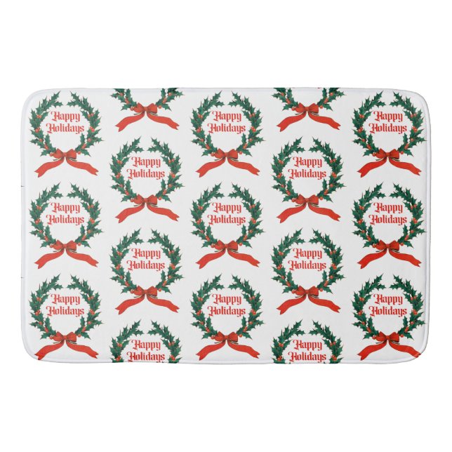 Happy Holidays Vintage Holly Christmas Wreath Bath Mat (Front)