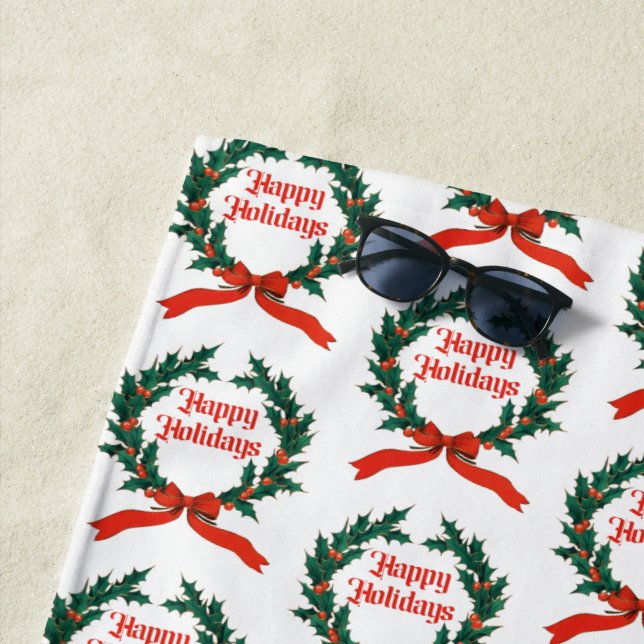 Happy Holidays Vintage Holly Christmas Wreath Beach Towel (In Situ)