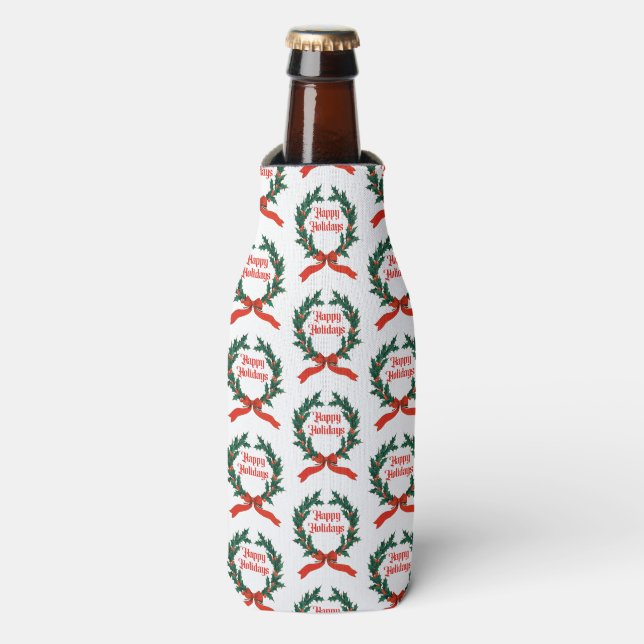 Happy Holidays Vintage Holly Christmas Wreath Bottle Cooler (Bottle Front)