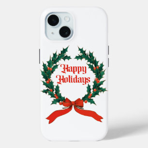 Happy Holidays Vintage Holly Christmas Wreath iPhone 15 Case