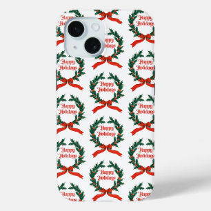 Happy Holidays Vintage Holly Christmas Wreath iPhone 15 Case
