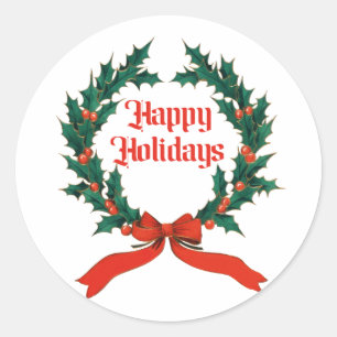 Happy Holidays Vintage Holly Christmas Wreath Classic Round Sticker