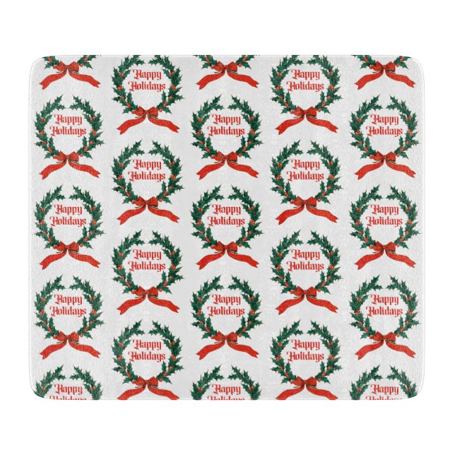 Happy Holidays Vintage Holly Christmas Wreath Cutting Board (Front)