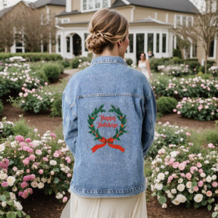 Happy Holidays Vintage Holly Christmas Wreath Denim Jacket