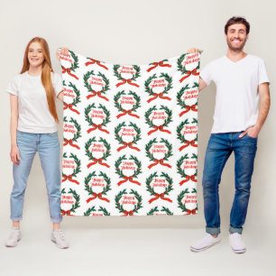 Happy Holidays Vintage Holly Christmas Wreath Fleece Blanket
