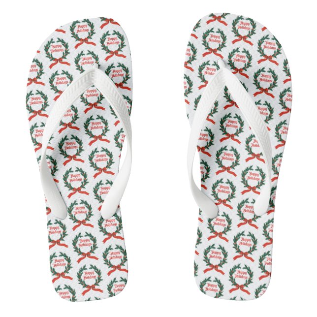 Happy Holidays Vintage Holly Christmas Wreath Flip Flops (Footbed)