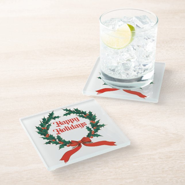 Happy Holidays Vintage Holly Christmas Wreath Glass Coaster (Angled)