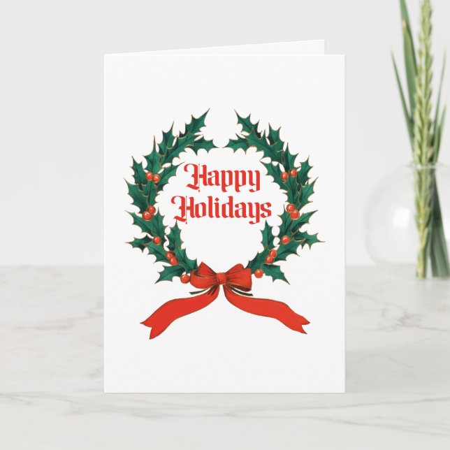 Happy Holidays Vintage Holly Christmas Wreath Holiday Card (Front)