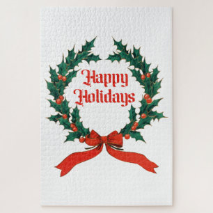 Happy Holidays Vintage Holly Christmas Wreath Jigsaw Puzzle