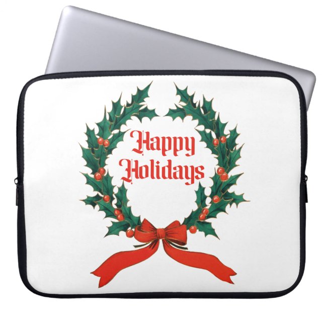 Happy Holidays Vintage Holly Christmas Wreath Laptop Sleeve (Front)